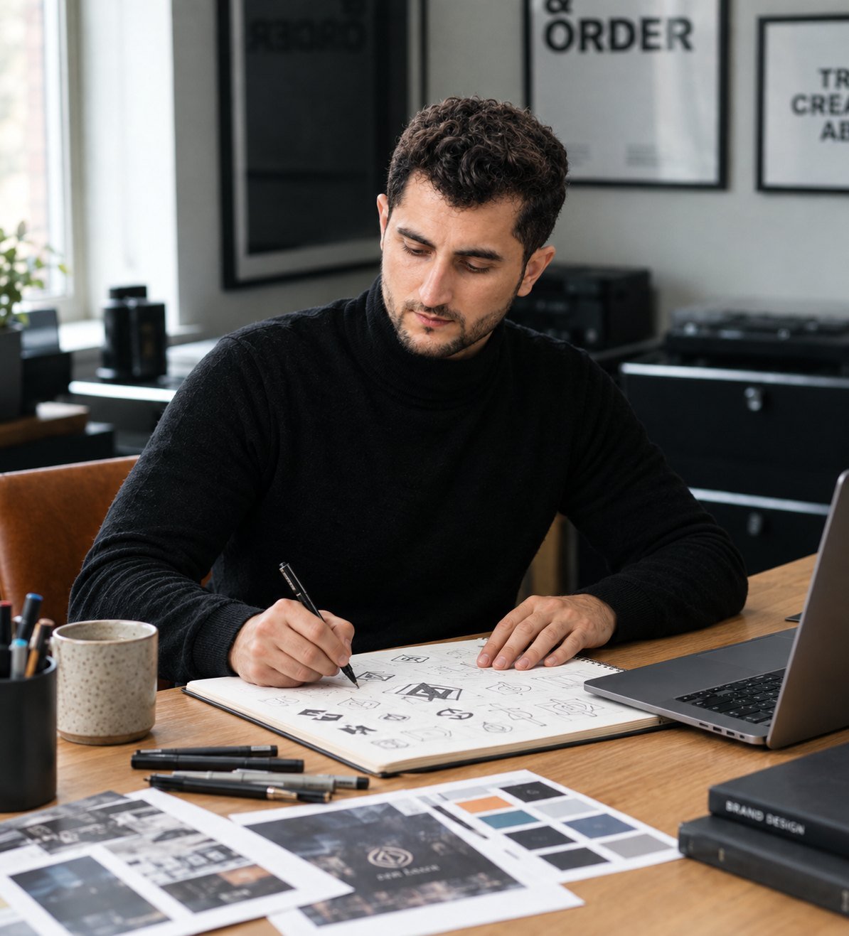 Naeem Abbas sketching logo concepts at a desk in the studio